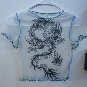 Dragon Printed Mesh Transparent Short Sleeve Crop Tee.